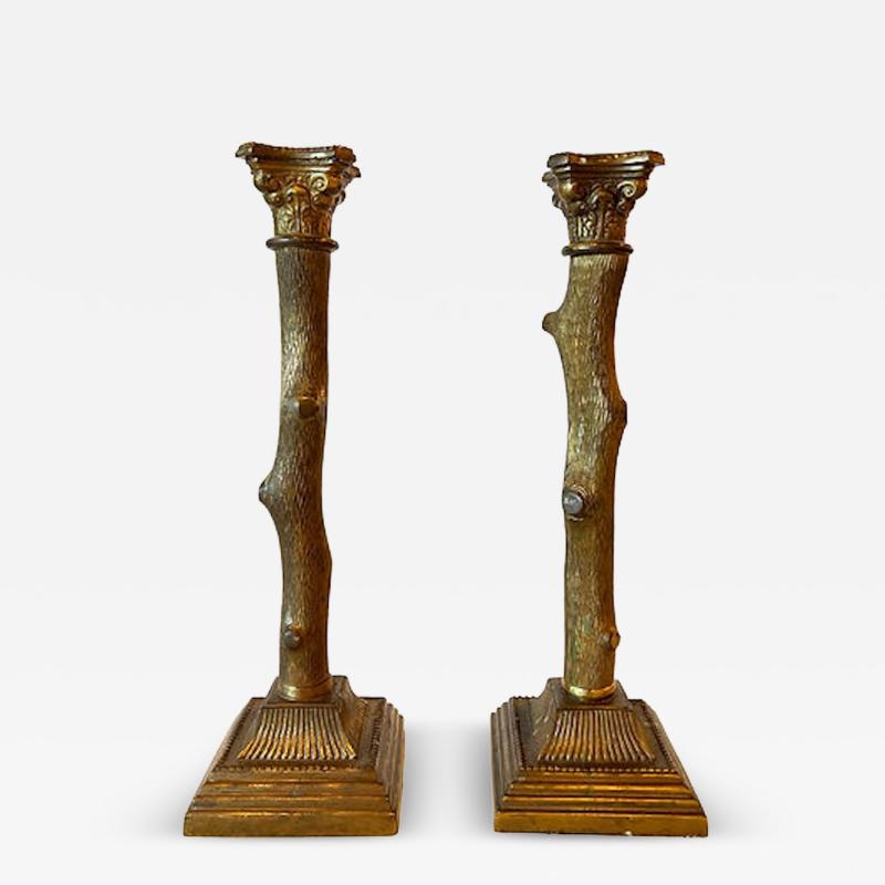 Pair Bronze Tree Branch Candlesticks with Roman Capital Top Grand Tour 19th C