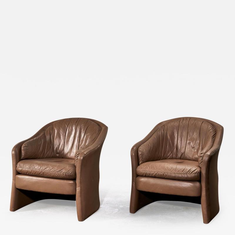 Pair Brown Leather Barrel Chairs 1980