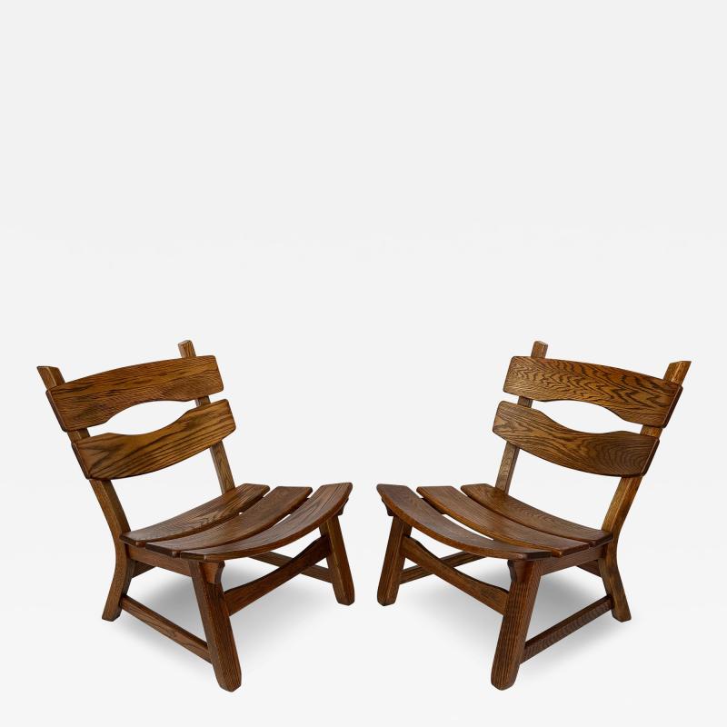 Pair Brutalist Solid Oak Lounge Chairs by Dittmann Co