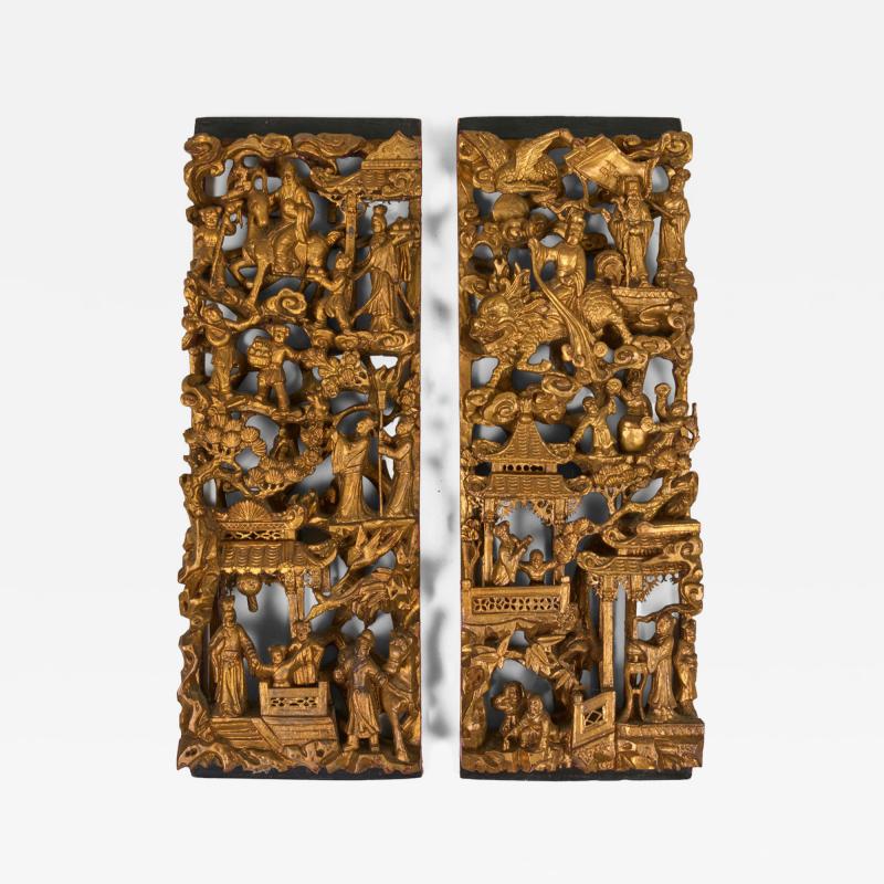 Pair Chinese Giltwood Architectural Relief Panels