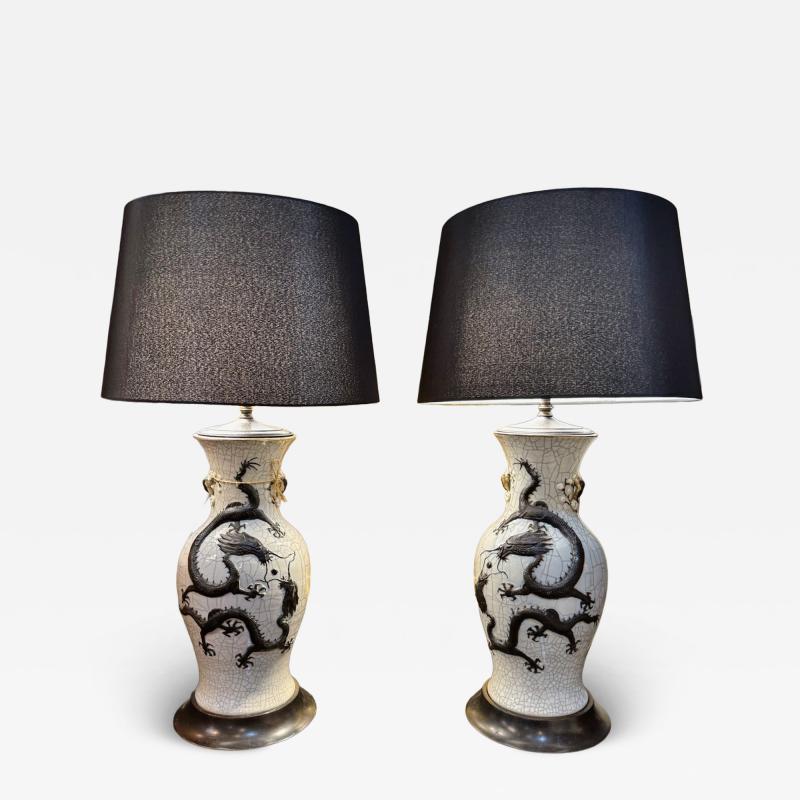 Pair Chinese Porcelain Dragon Vases Fitted as Lamps