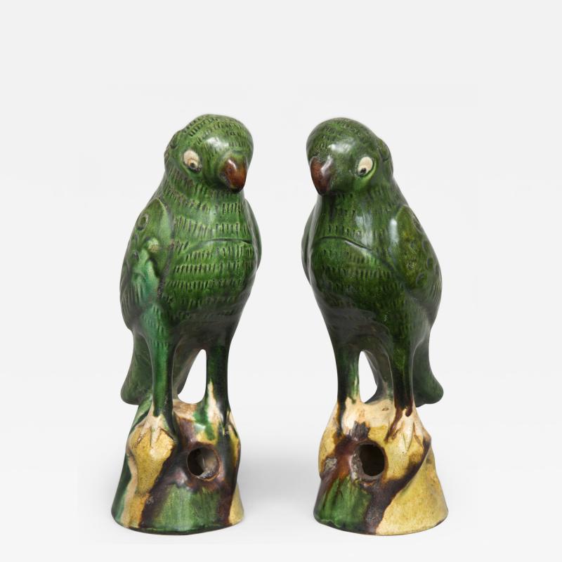 Pair Chinese Standing Green Parrots Circa 1860