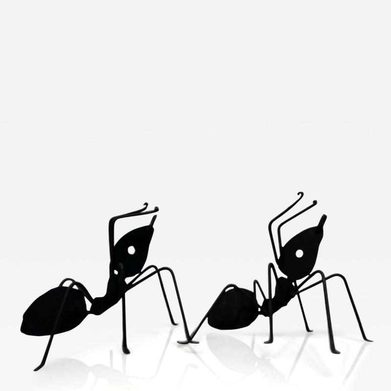 Pair Enameled Metal Black Ant Sculptures