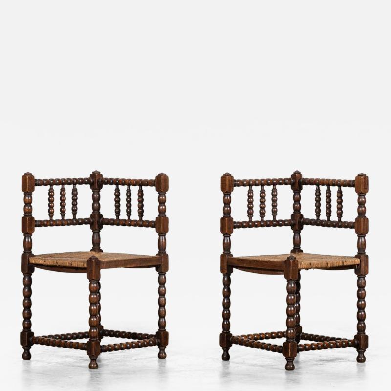 Pair English 19thC Beech Bobbin Corner Chairs