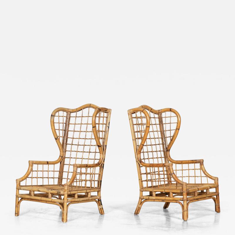 Pair English Bamboo Wingback Armchairs
