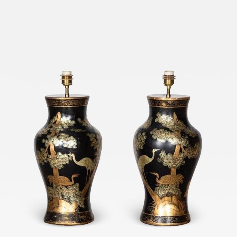 Pair English Large Chinoiserie Papier M ch Table Lamps