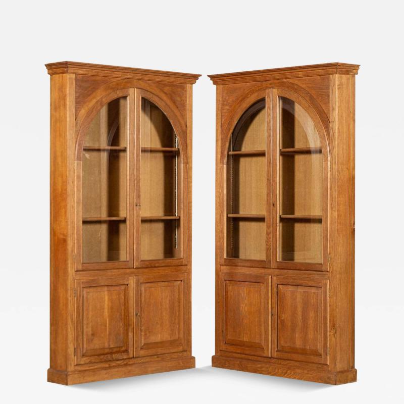 Pair English Oak Arched Glazed Bookcase Cabinets