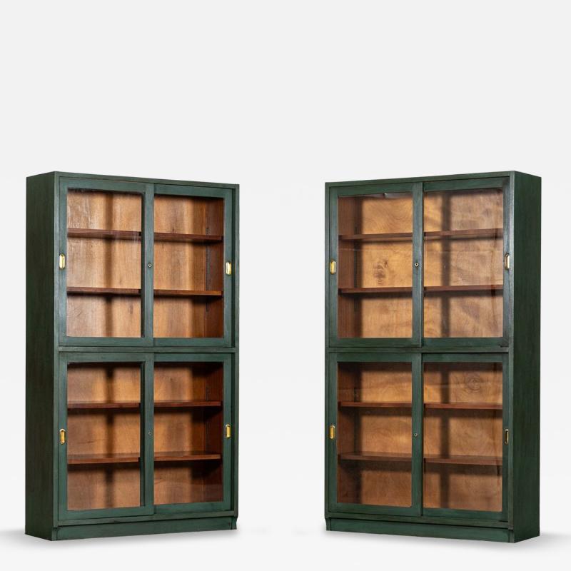 Pair English Painted Mahogany Glazed Bookcase Display Cabinets