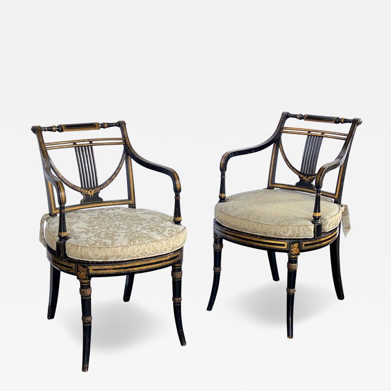 Pair English Regency Ebonized and Parcel gilt Armchairs with Caned Seat