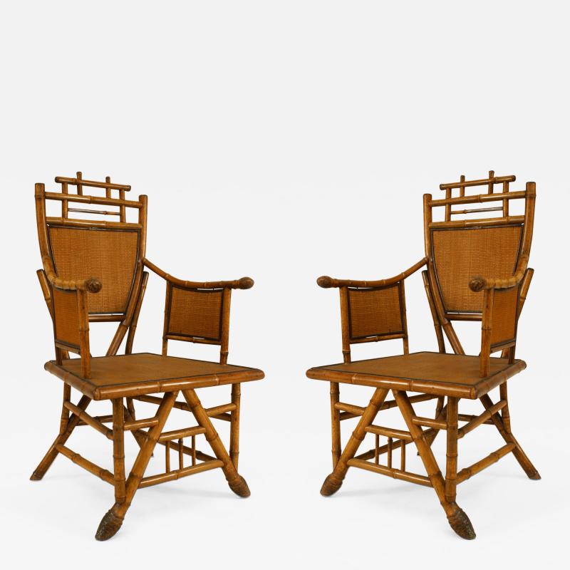 Pair English Victorian Bamboo Shield Back Arm Chairs