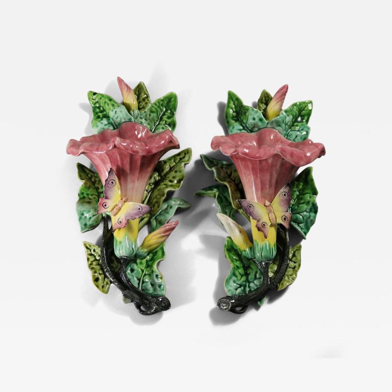 Pair Fives Lille Majolica Butterfly Wall Pockets