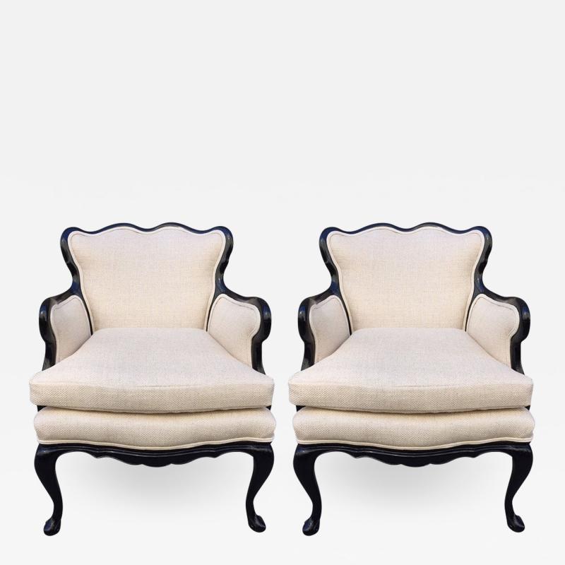 Pair French Antique Style Lounge Chairs in Linen