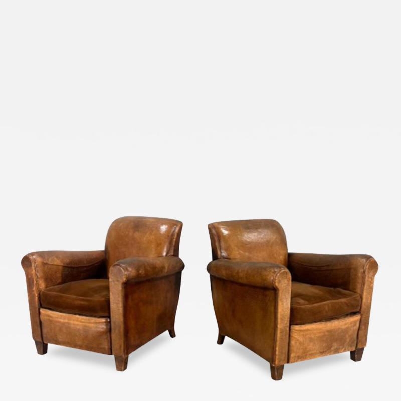 Pair French Art Deco Leather Lounge Chairs 1930