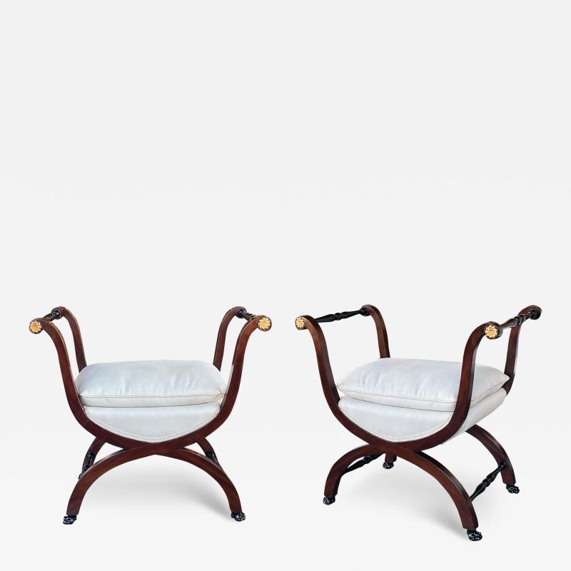 Pair French Empire Mahogany Curule Benches with Ebonized Gilt Highlights