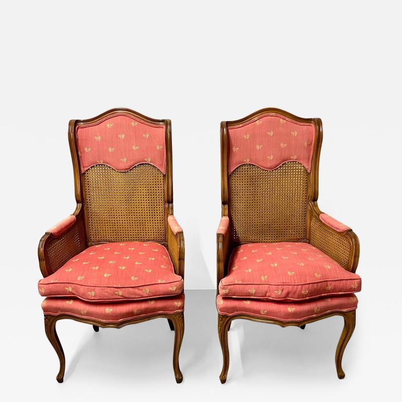 Pair French Louis XV Style Cane Occasional Armchairs Wingbacks France 1960s