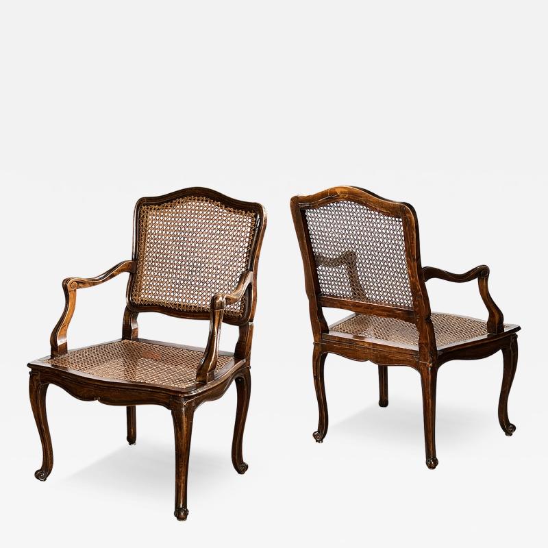 Pair French Louis XV Style Open Armchairs with Caned Seats and Backs