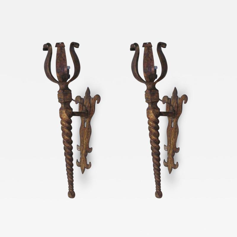 Pair French Mid Century Modern Neoclassical Gilt Iron Torch Sconces Poillerat