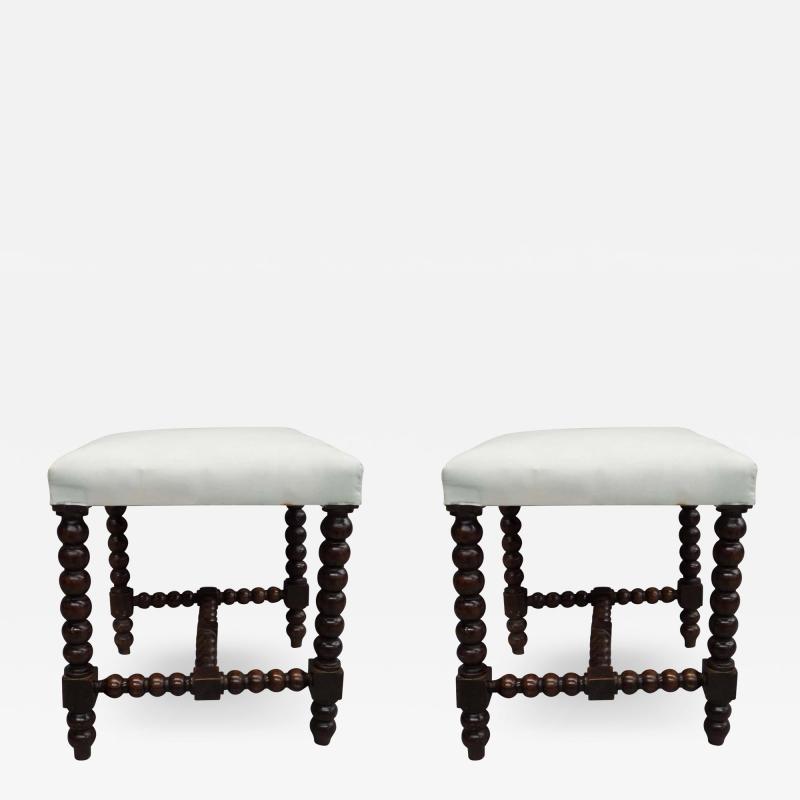 Pair French Modern Neoclassical Hand Carved Wood Stacked Ball Benches Stools