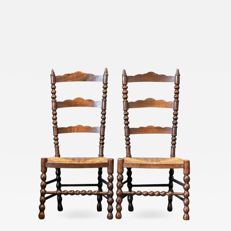 Pair French Oak Provincial Rush Bobbin Chairs