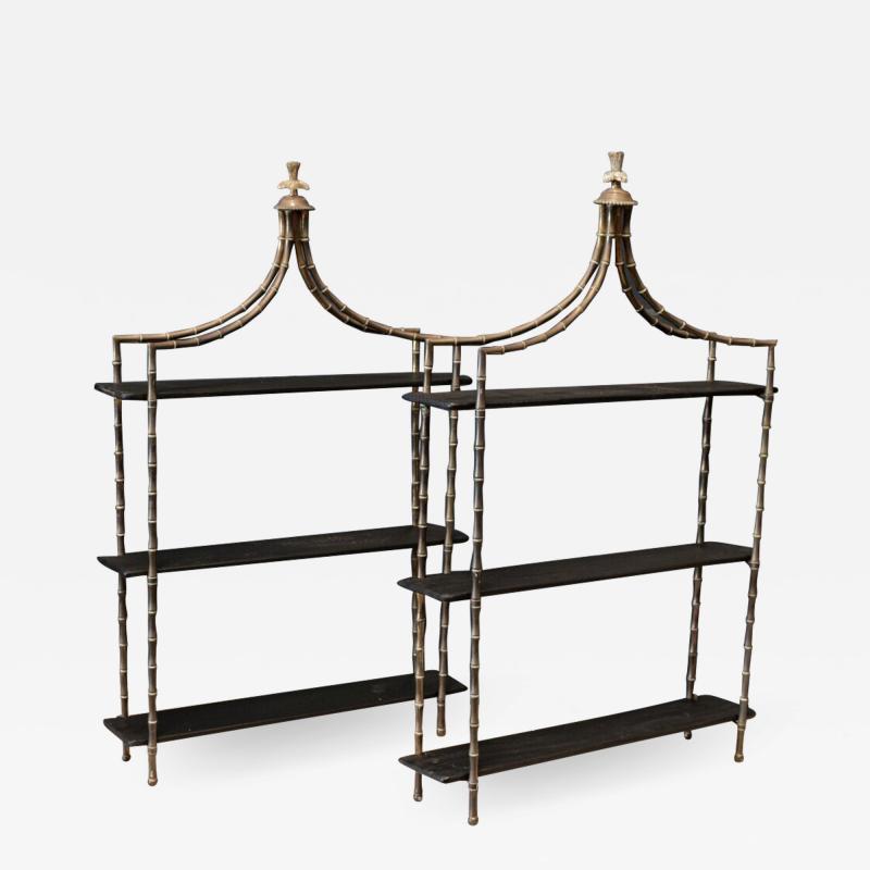 Pair French Wall Mounted Faux Bamboo Brass Etageres