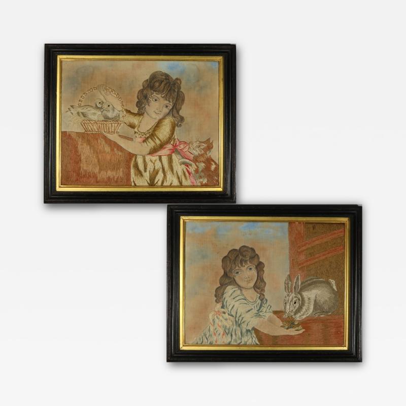 Pair Georgian Woolwork Embroidered Pictures of Girls with Pets