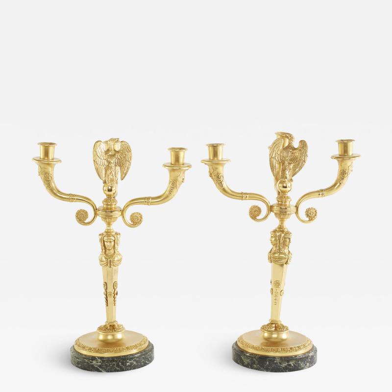 Pair Gilt Bronze Marble Base Three Arms Candelabra