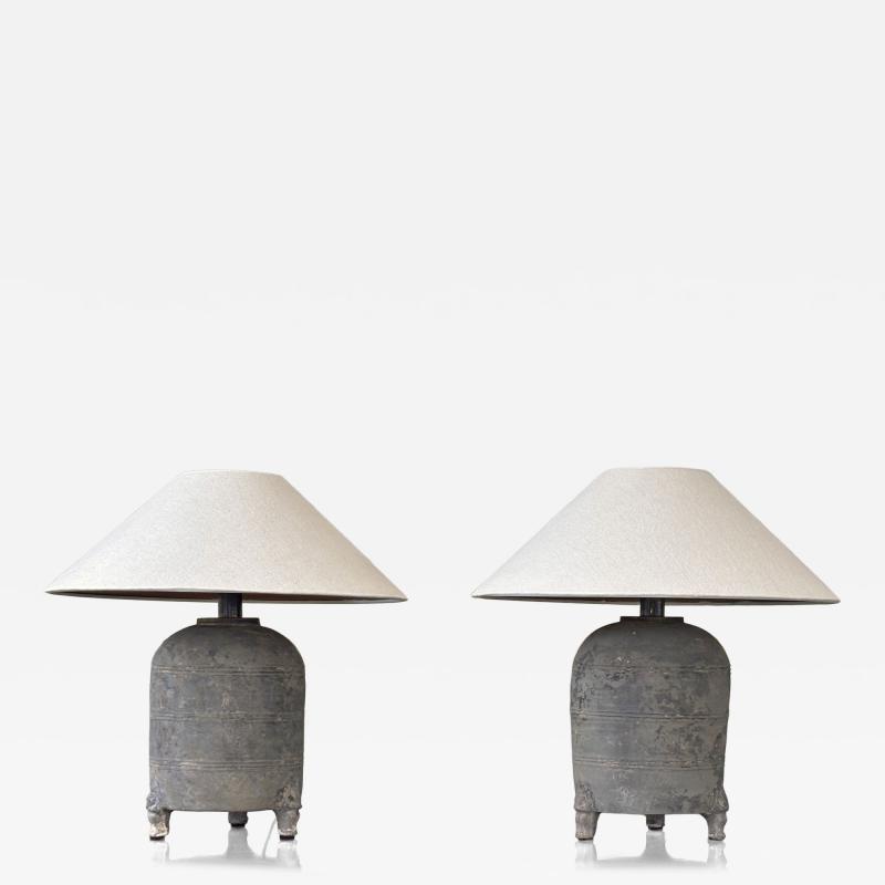 Pair Han Dynasty Period Unglazed Grain Jars Mounted as Table Lamps