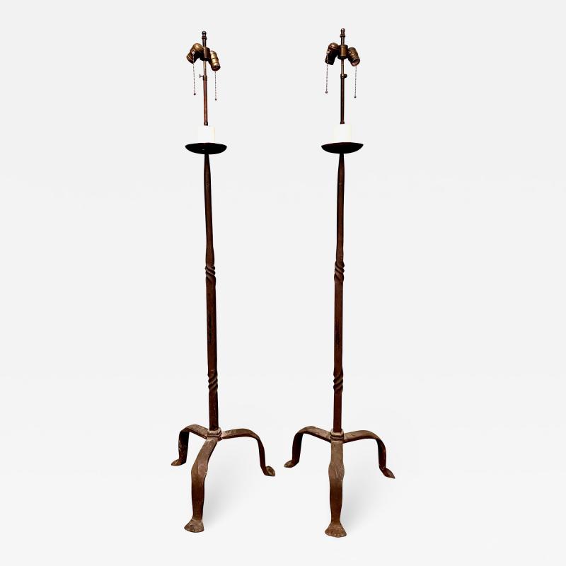 Pair Hand Forged Iron Torchere Floor Lamps Style of Giacometti