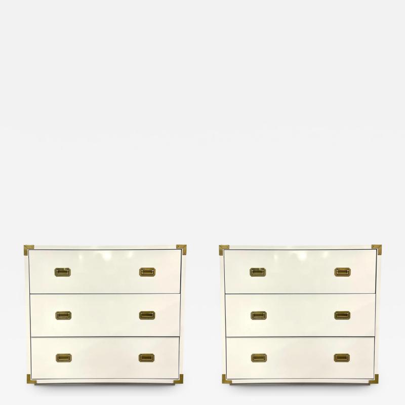 Pair Hollywood Regency Campaign Cabinets Commodes Nightstands White Lacquer
