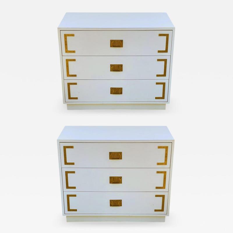 Pair Hollywood Regency Campaign Chests Nightstands or Commodes in White Brass