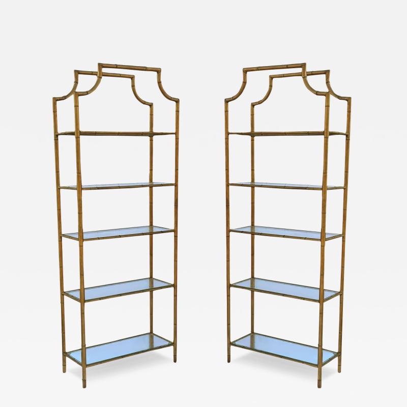 Pair Hollywood Regency Italian Brass Gold Faux Bamboo Shelves or Etageres