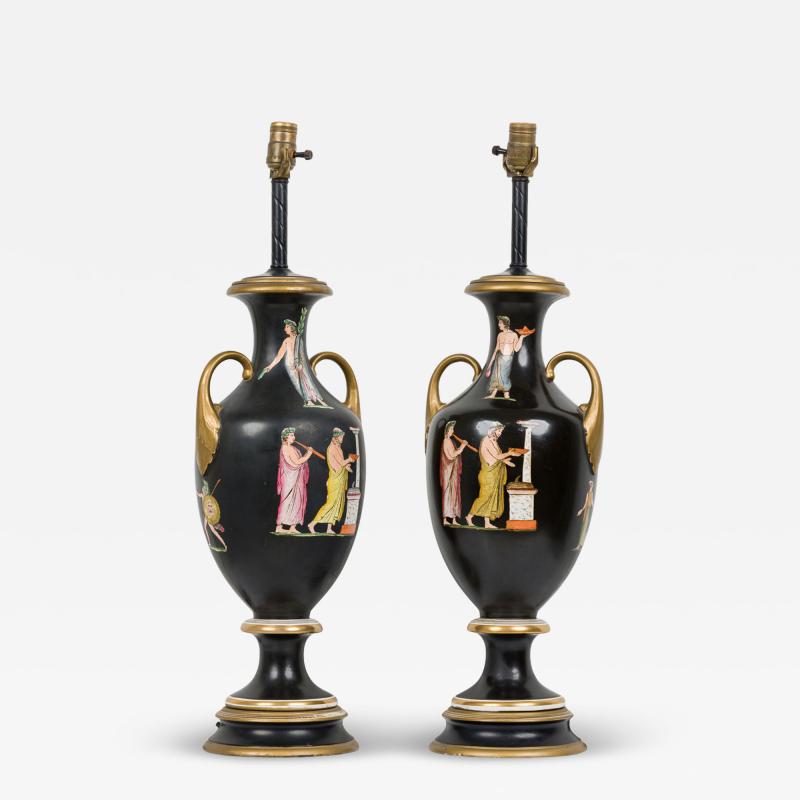 Pair Important English Victorian Ceramic Urns adapted as Lamps by Samuel Alcott