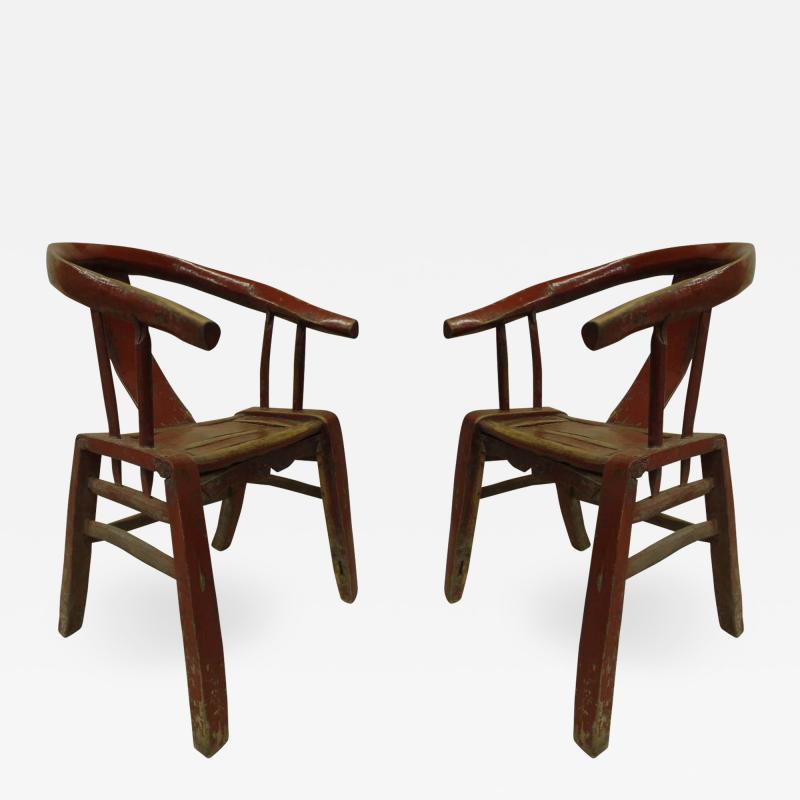 Pair Italian Early Modern Brutalist Lacquered Wood Armchairs Lounge Chairs