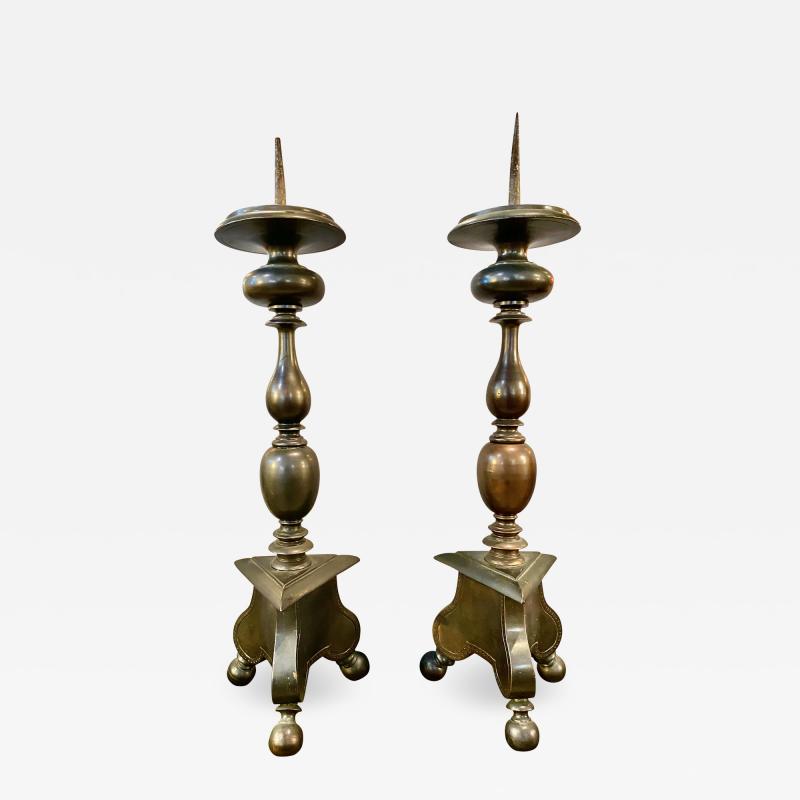 Pair Italian Late 17th Century Bronze Pricket Candlesticks