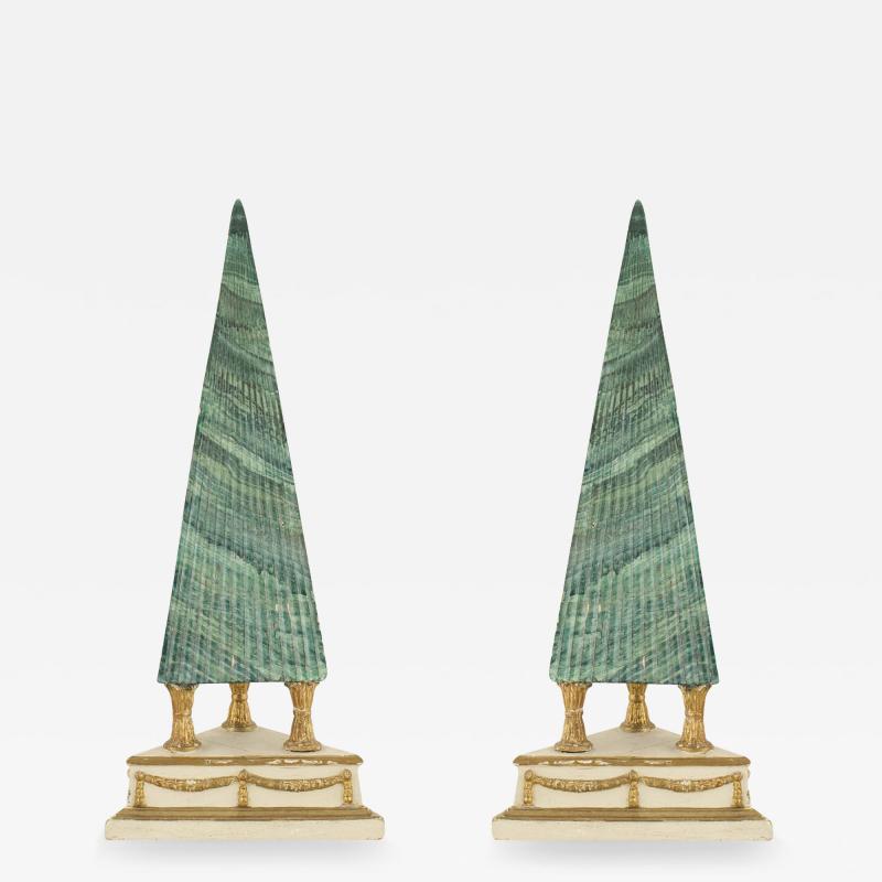 Pair Italian Neo Classic Faux Malachite Obelisks 1