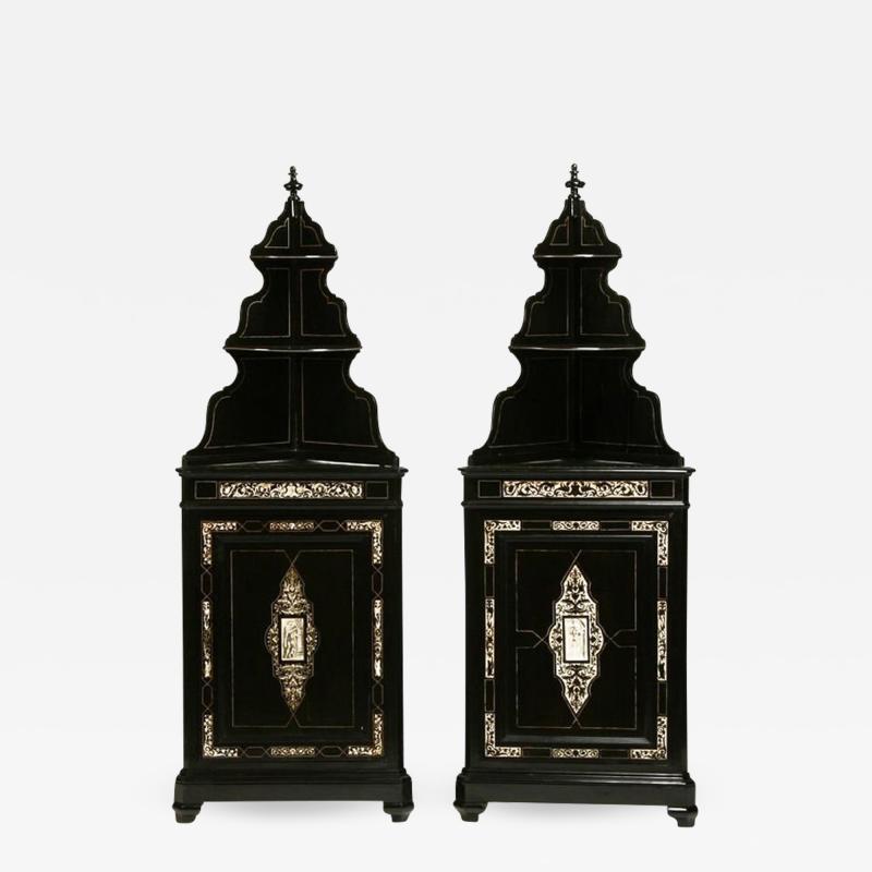 Pair Italian Renaissance Revival Ebonized Corner Cabinets with Shelf