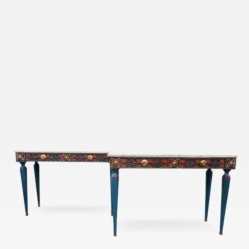 Pair Italian painted wrought iron console tables with marble tops c1900