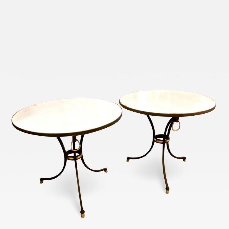 Pair Jansen Style Forged Iron and Marble Side Tables