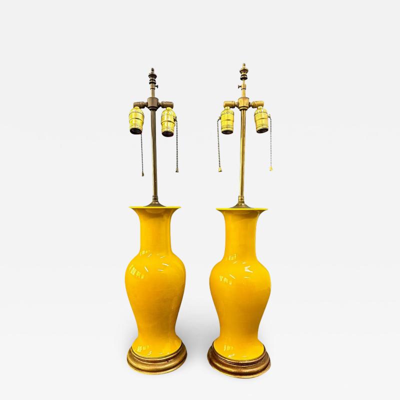 Pair Japanese Porcelain Lamp Vases Yellow Ceramic Monochrome Vintage 1960s