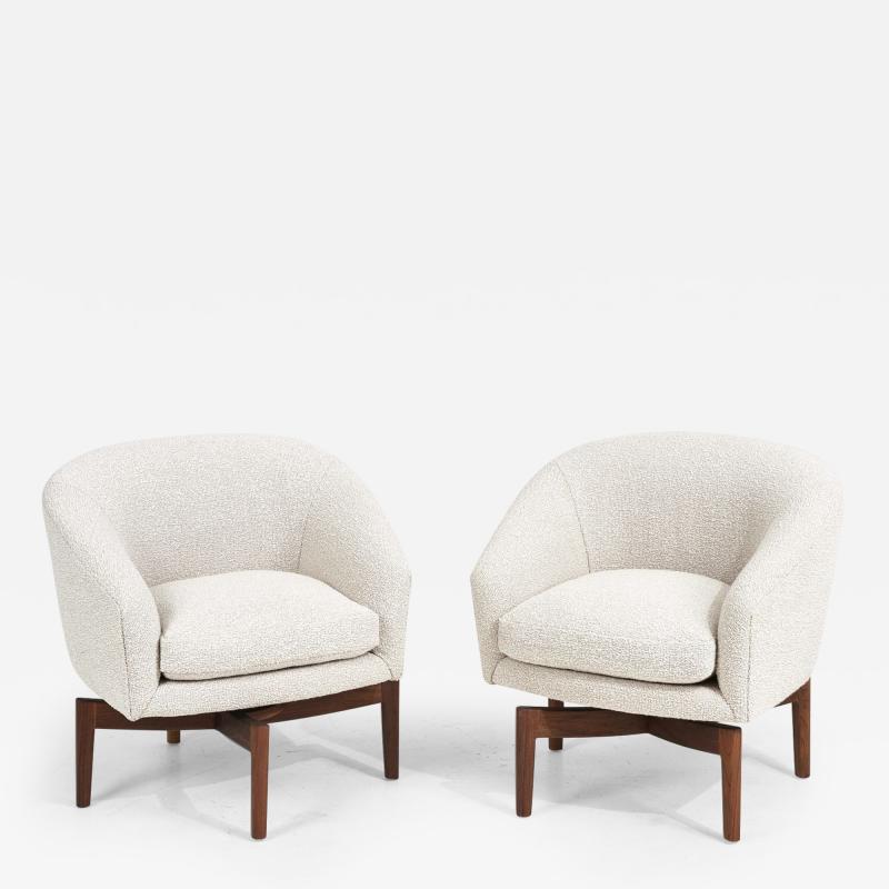 Pair Jens Risom Walnut Swivel Lounge Chair 1960