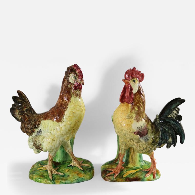 Pair Jerome Massier Hen Cockerel Figural Vases by P Perret