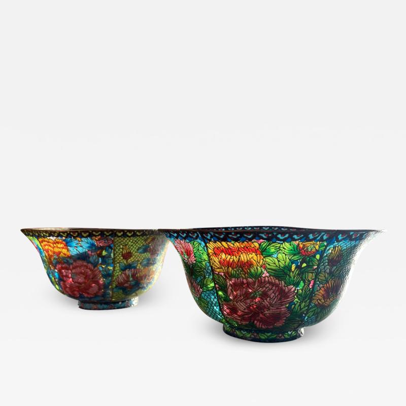 Pair Large Chinese Cloisonn Plique a jour Bowls