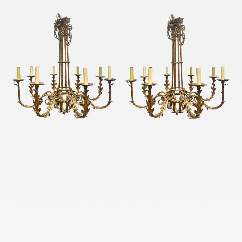 Pair Large Gilt Metal 8 Arm Chandeliers