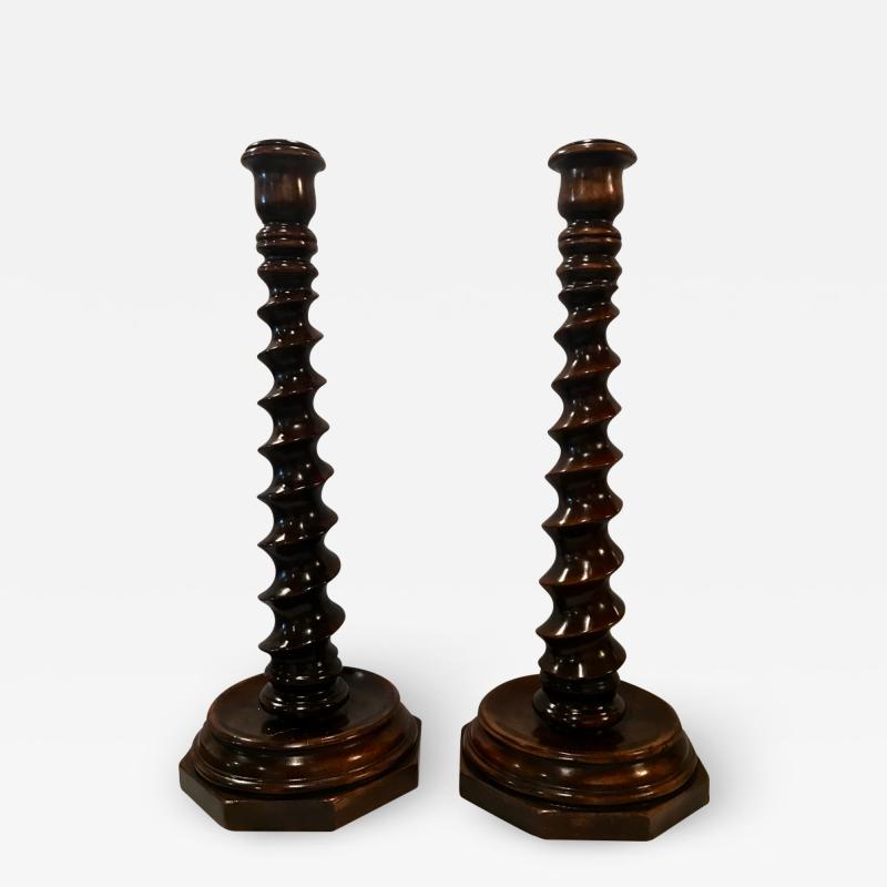 Pair Large Mahogany Barley Twist Candlesticks