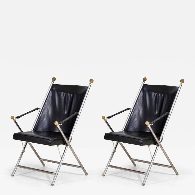Pair Leather Campaign Folding Chairs by Maison Jansen 1960