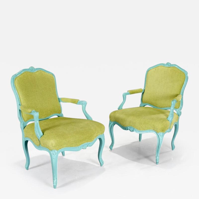 Pair Louis XIV Style Turquoise Painted Armchairs