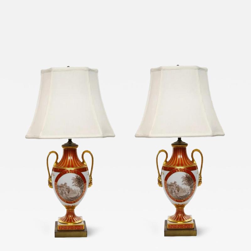 Pair Louis XVI Style French Porcelain Dore Bronze Table Lamps