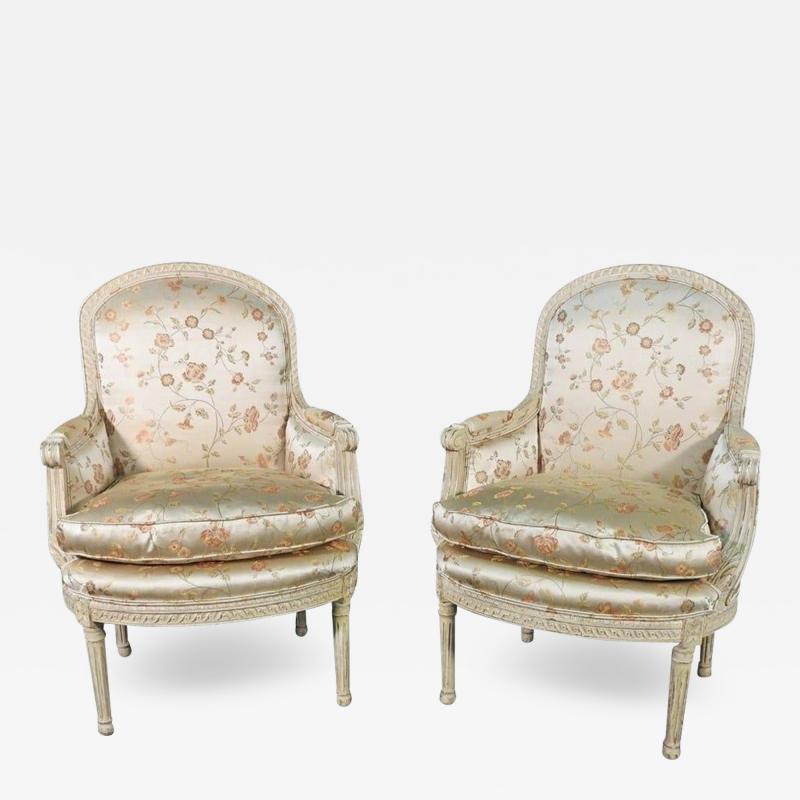 Pair Louis XVI Style Maison Jansen Bergeres in A Distressed Frame