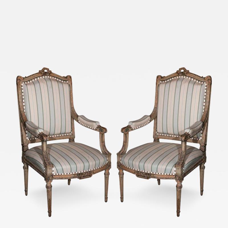 Pair Louis XVI Style Maison Jansen Fauteuils Arm Chairs Distress Painted Frames