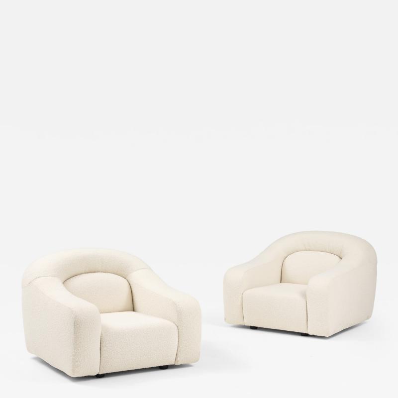 Pair Lounge Chairs Attributed to George Bighinello for Eurosalotto Ivory Boucle